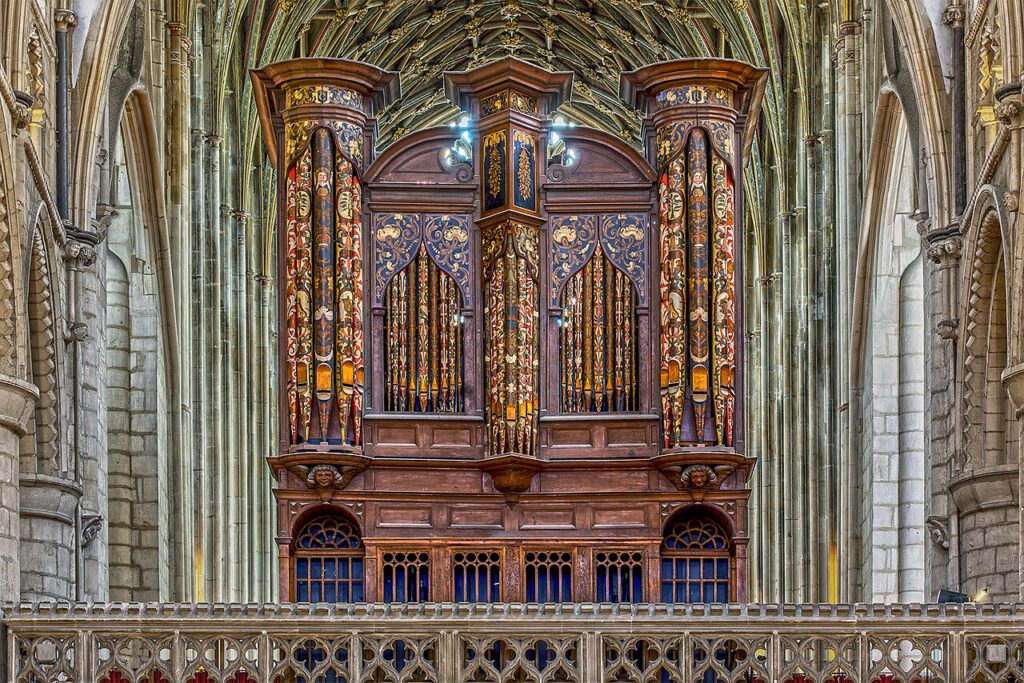 The west-facing case of the organ in Gloucester Cathedral