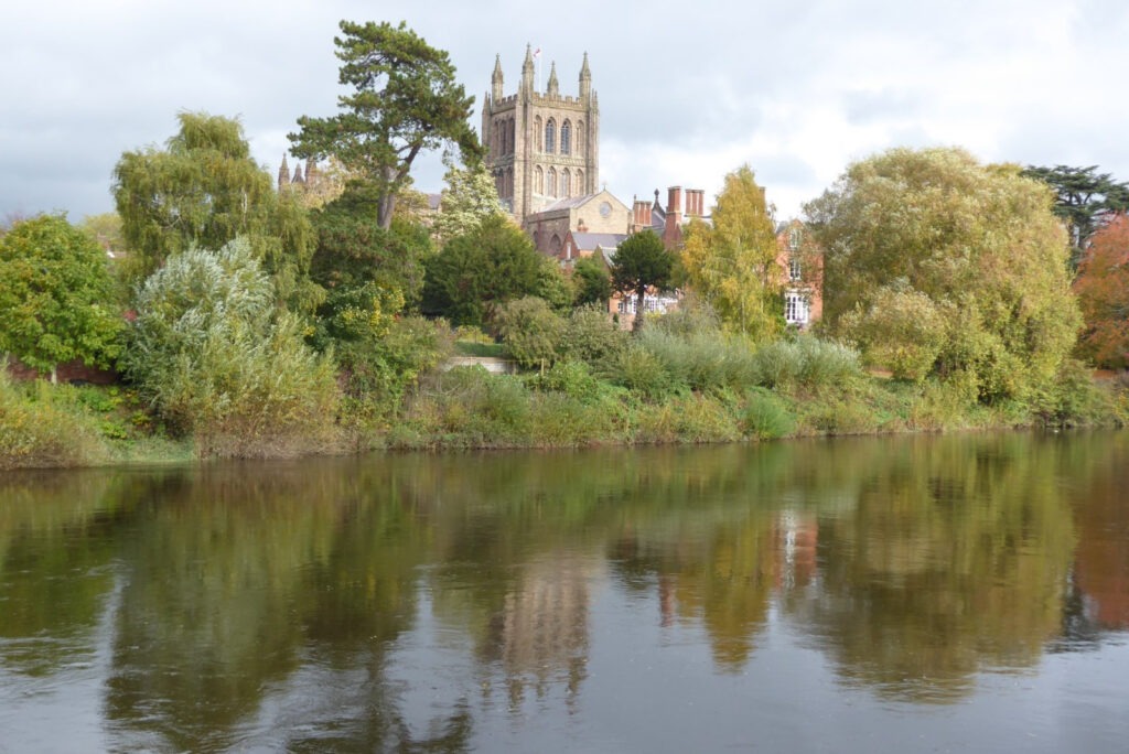 View of Hereford Cathedral across the River Wye.
