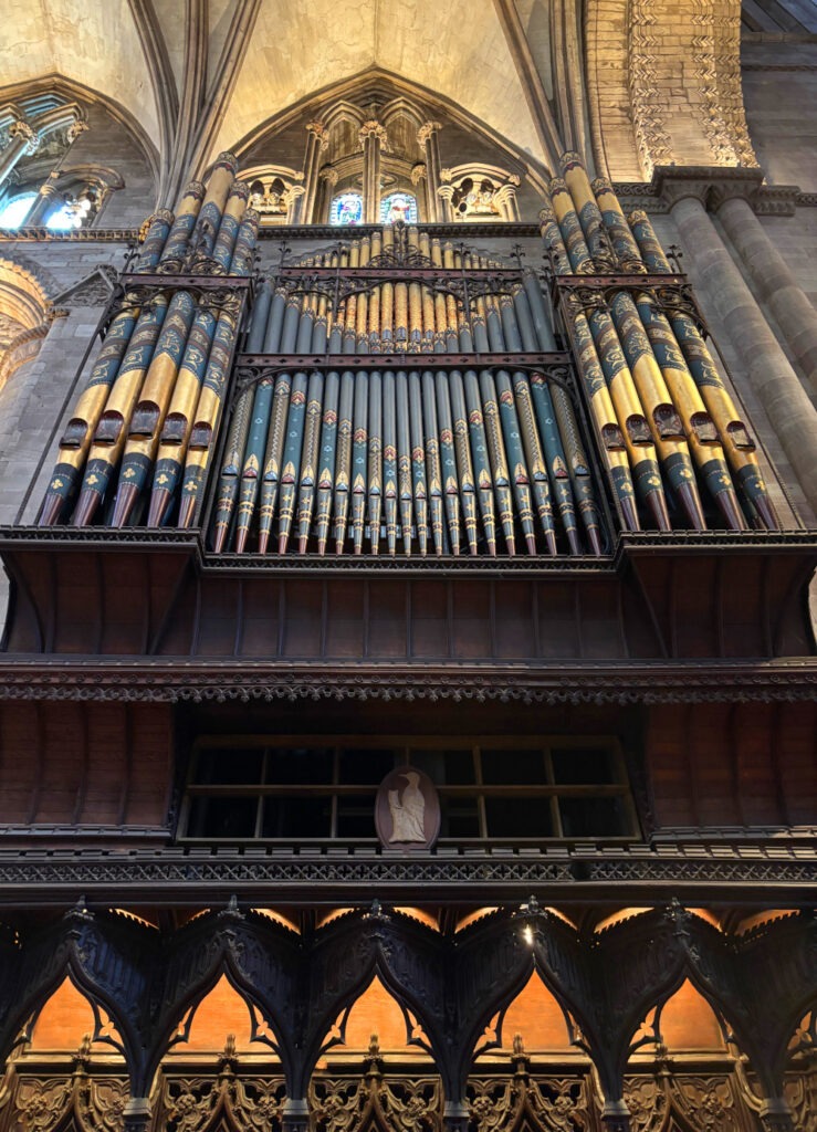 The organ case at Hereford Cathedral.