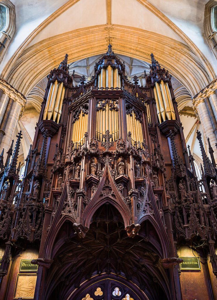 The east-facing case of the organ in Lincoln Cathedral.