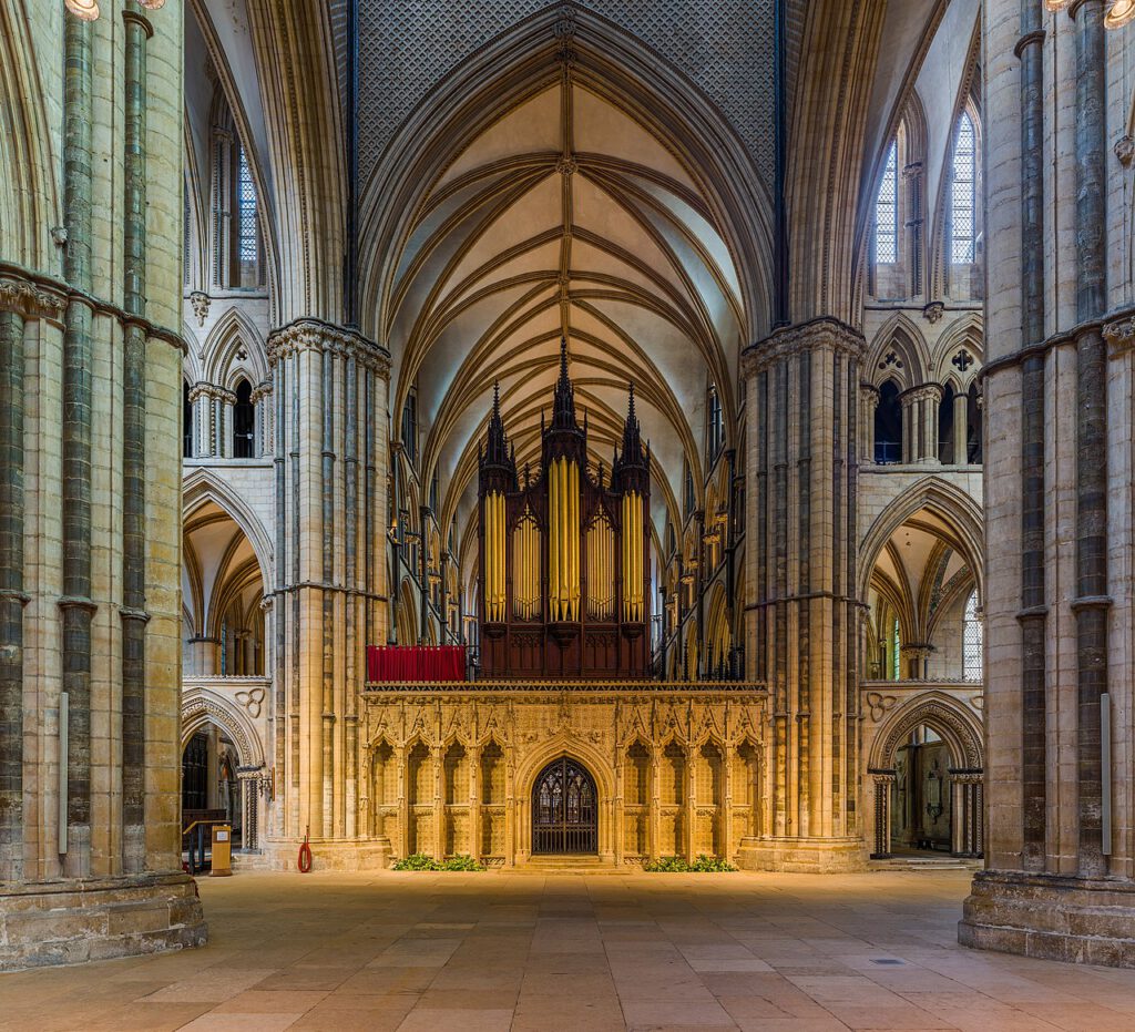 Interior view of Lincoln Minster with the crossing and organ case.