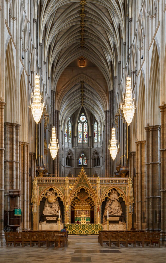 View towards the high altar in Westminster Abbey, with the Quire screen and two organ cases visible.