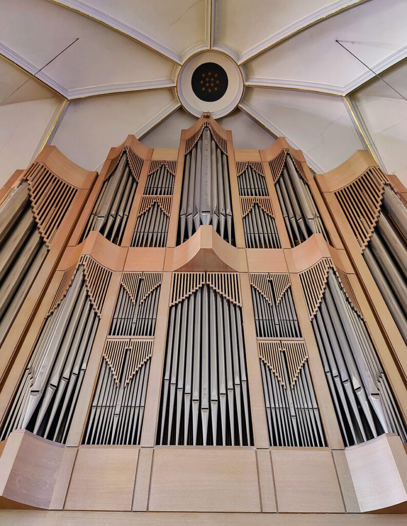 A close up view of the front pipes of the organ in St Nikolaus, Rosenheim.