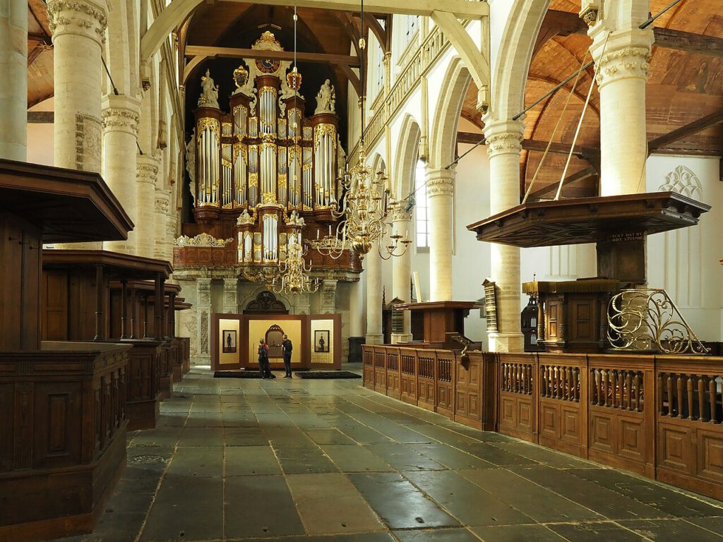 The interior of the Oude Kerk, Amsterdam, showing the Vater-Müller at the west end of the nave.