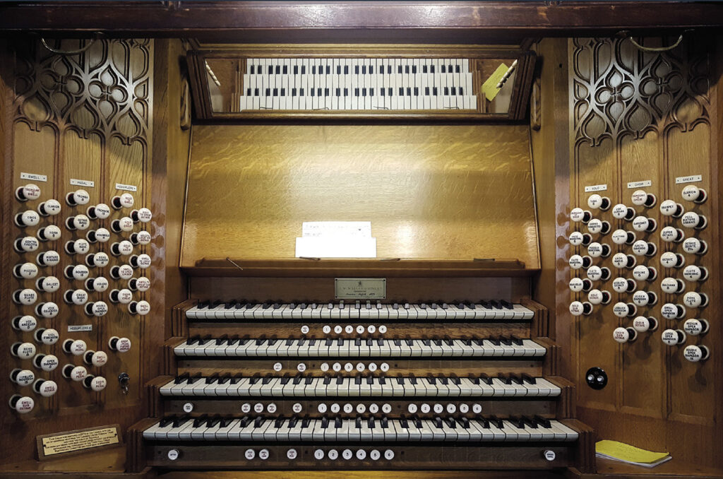 The four-manual console of the Binns organ in the Great Hall, Rochdale Town Hall.