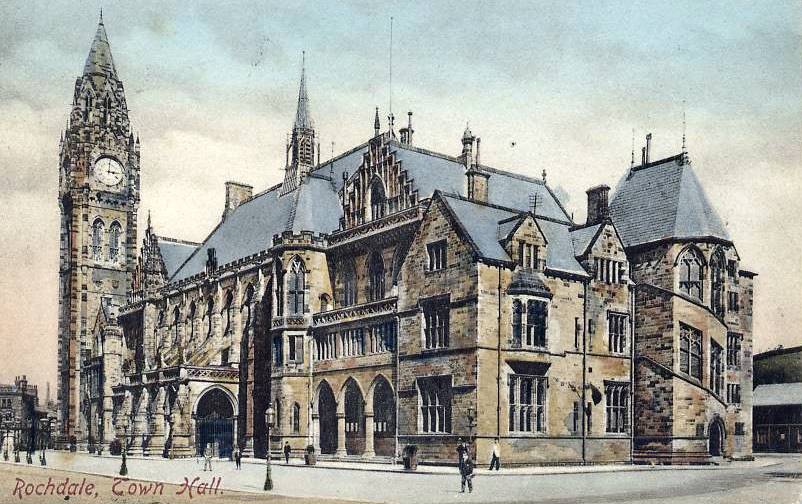 A 1909 postcard of the exterior of Rochdale Town Hall showing the clock tower and Porte-Cochère.