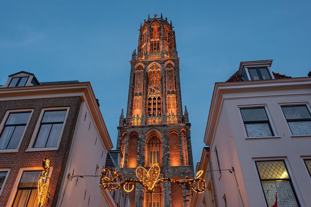 The illuminated tower of Utrecht Domkerk.